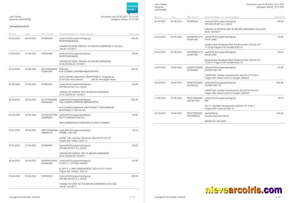 Germany Consorsbank statement 2 pages